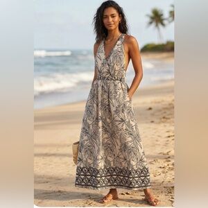 NWT Dress Forum Beige Maxi Dress with Black Botanical Print SIZE M